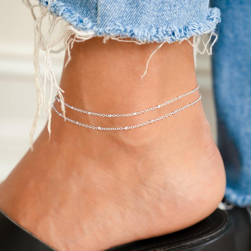 Robaice Ankle Bracelets for Women, Glitter Waterproof Adjustable Anklet for Women, 14K Gold Plated/Sterling Silver Layered Anklets, Summer Beach Anklet Jewelry for Women Gift - Image 2